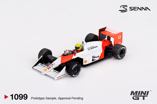 Mini GT McLaren MP4/4 #12 Ayrton Senna 1988 Japanese Grand Prix Winner white and red 1:64 scale diecast model car, raised front three-quarter view showing the cockpit with the Senna driver figure and the Honda airbox