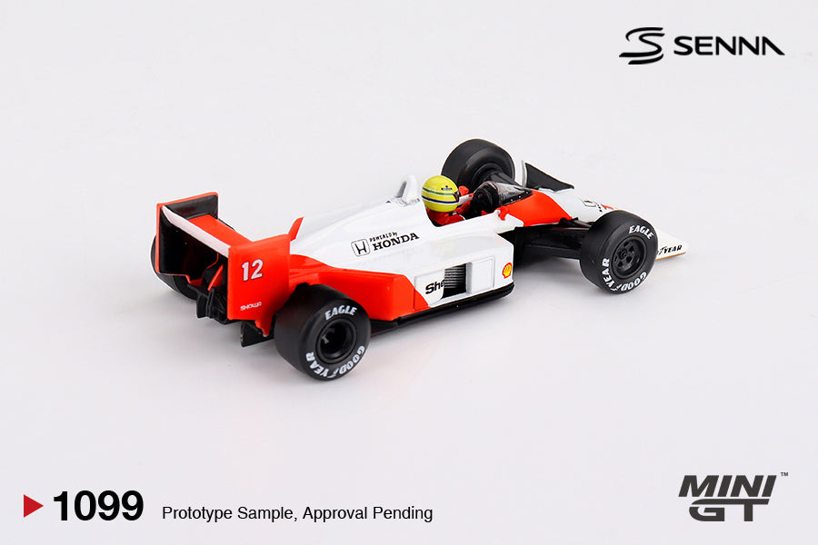 Mini GT McLaren MP4/4 #12 Ayrton Senna 1988 Japanese Grand Prix Winner white and red 1:64 scale diecast model car, front three-quarter view showing the #12 nose and multi-element front wing