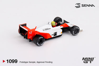Mini GT McLaren MP4/4 #12 Ayrton Senna 1988 Japanese Grand Prix Winner white and red 1:64 scale diecast model car, front three-quarter view showing the #12 nose and multi-element front wing
