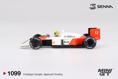 Mini GT McLaren MP4/4 #12 Ayrton Senna 1988 Japanese Grand Prix Winner white and red 1:64 scale diecast model car, side profile showing the Goodyear Eagle slicks and rear wing