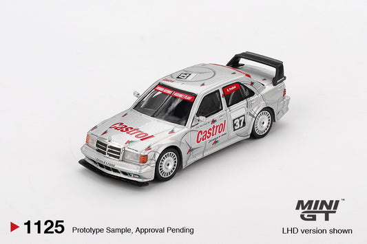 Mini GT Mercedes-Benz 190E 2.5-16 Evolution II #37 silver Castrol 1:64 scale diecast model car, front three-quarter view showing the Castrol bonnet and front splitter