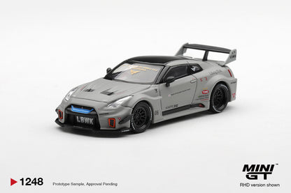 Front three-quarter view of Nissan LB-Silhouette WORKS GT 35GT-RR Ver.1 Matt Grey 1:64 diecast model car by Mini GT showing the LBWK front lip and blue light bar (MGT01248)