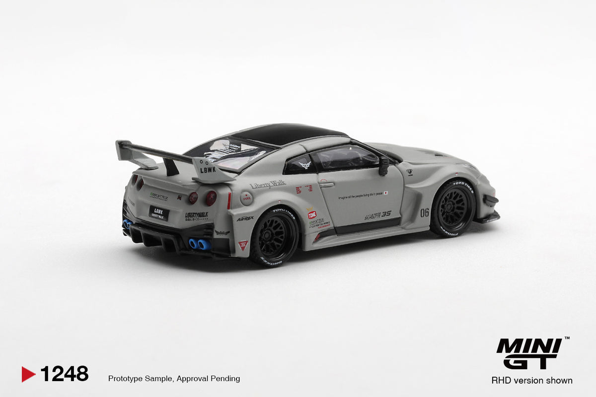 Rear three-quarter view of Nissan 35GT-RR Ver.1 matt grey 1:64 diecast by Mini GT showing the swan-neck rear wing and quad tail lights (MGT01248)
