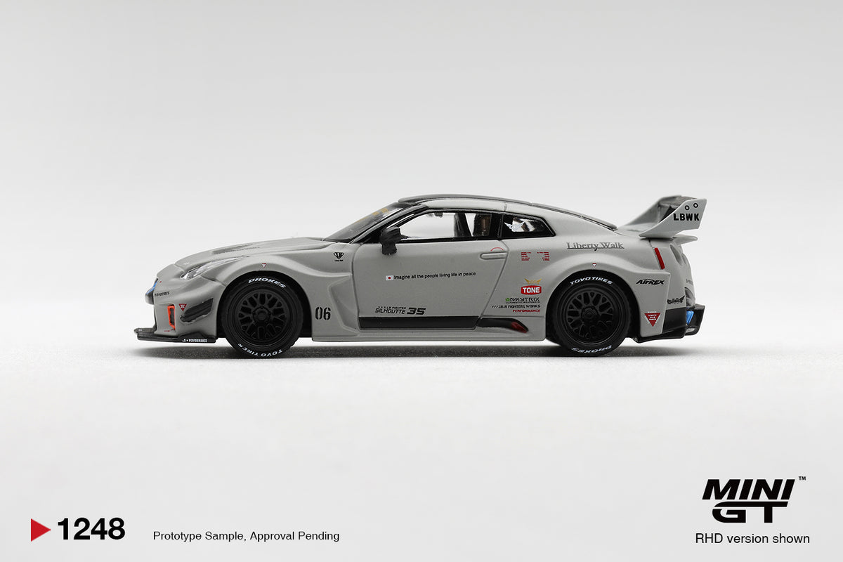Side profile of Nissan LB-Silhouette WORKS GT 35GT-RR Ver.1 matt grey 1:64 scale model car showing the riveted widebody arches (MGT01248)