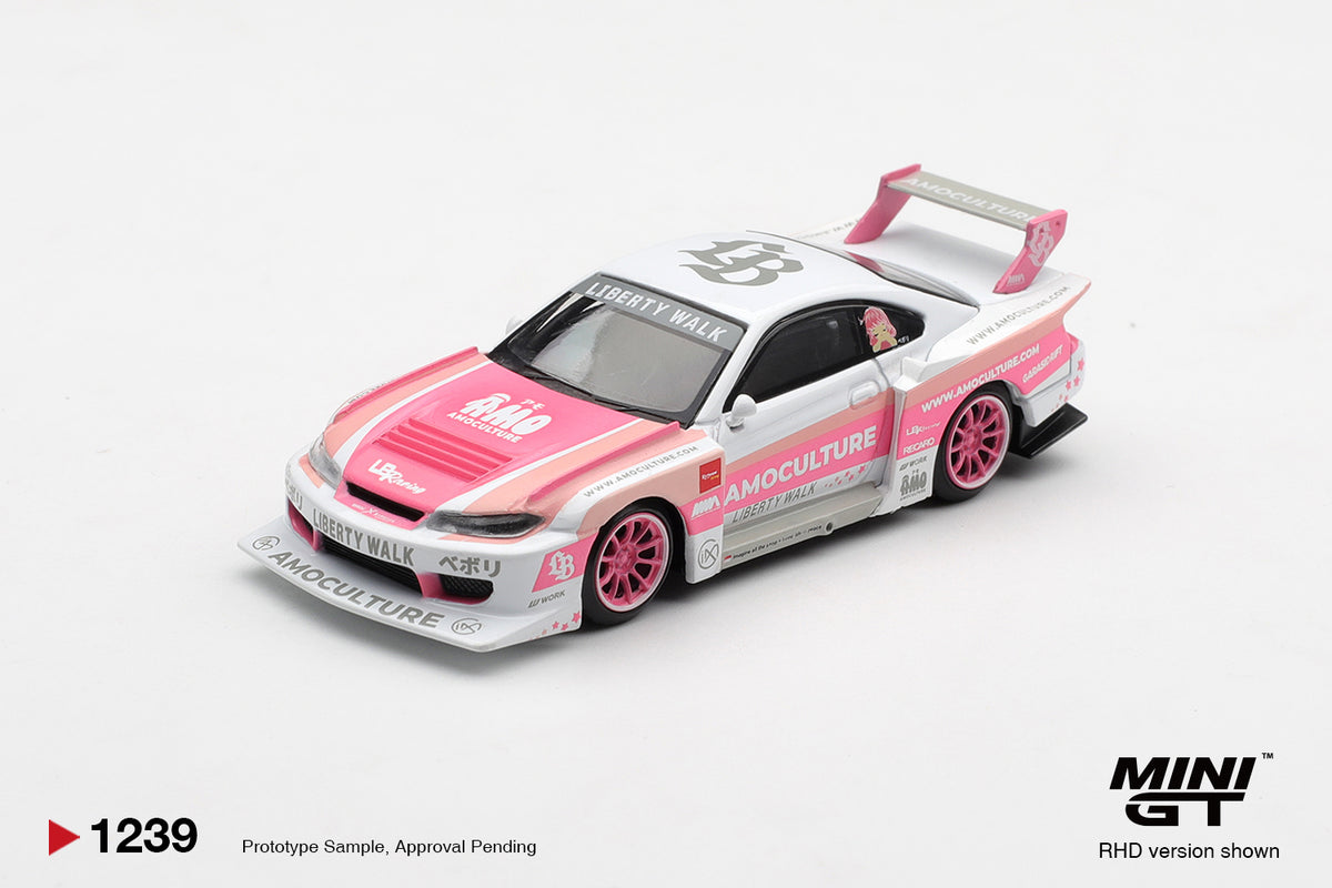 Mini GT Nissan Silvia S15 LB-Super Silhouette AMOCULTURE pink and white 1:64 scale diecast model car, front three-quarter view showing the #45 roof roundel and front dive planes