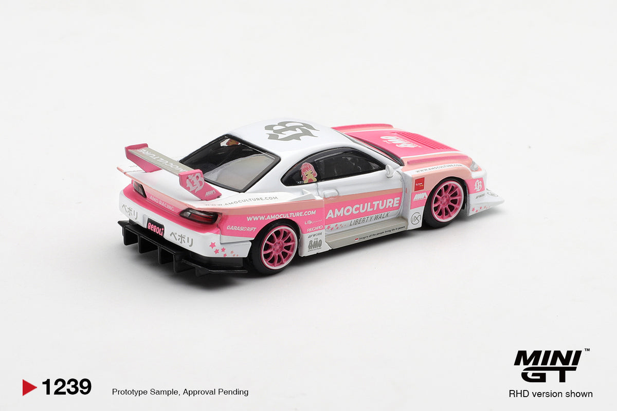 Mini GT Nissan Silvia S15 LB-Super Silhouette AMOCULTURE pink and white 1:64 scale diecast model car, rear three-quarter view showing the swan-neck GT wing and stepped rear diffuser