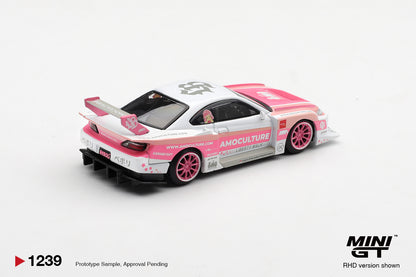 Mini GT Nissan Silvia S15 LB-Super Silhouette AMOCULTURE pink and white 1:64 scale diecast model car, rear three-quarter view showing the swan-neck GT wing and stepped rear diffuser
