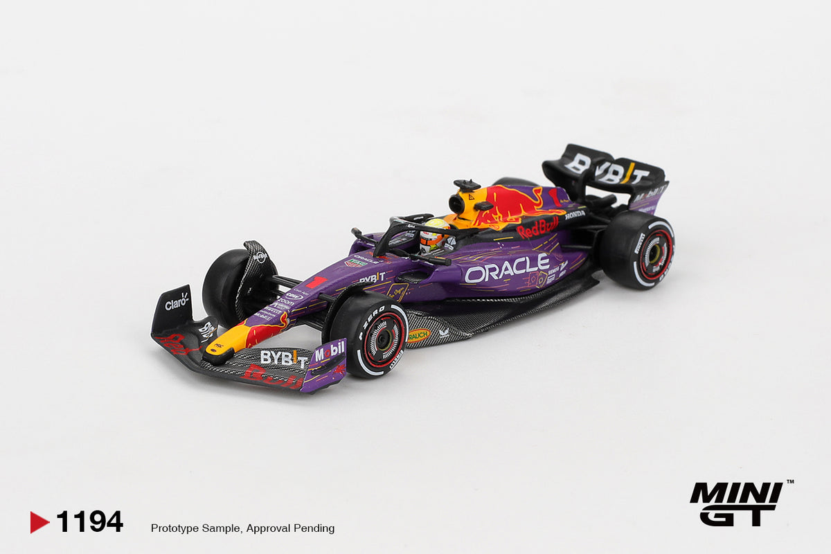 Mini GT Oracle Red Bull Racing RB19 #1 Max Verstappen 2023 Las Vegas GP Winner purple 1:64 scale diecast model car, raised front three-quarter view showing the halo, driver figure and Bybit sidepod branding