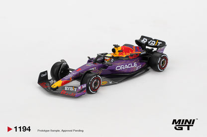 Mini GT Oracle Red Bull Racing RB19 #1 Max Verstappen 2023 Las Vegas GP Winner purple 1:64 scale diecast model car, raised front three-quarter view showing the halo, driver figure and Bybit sidepod branding