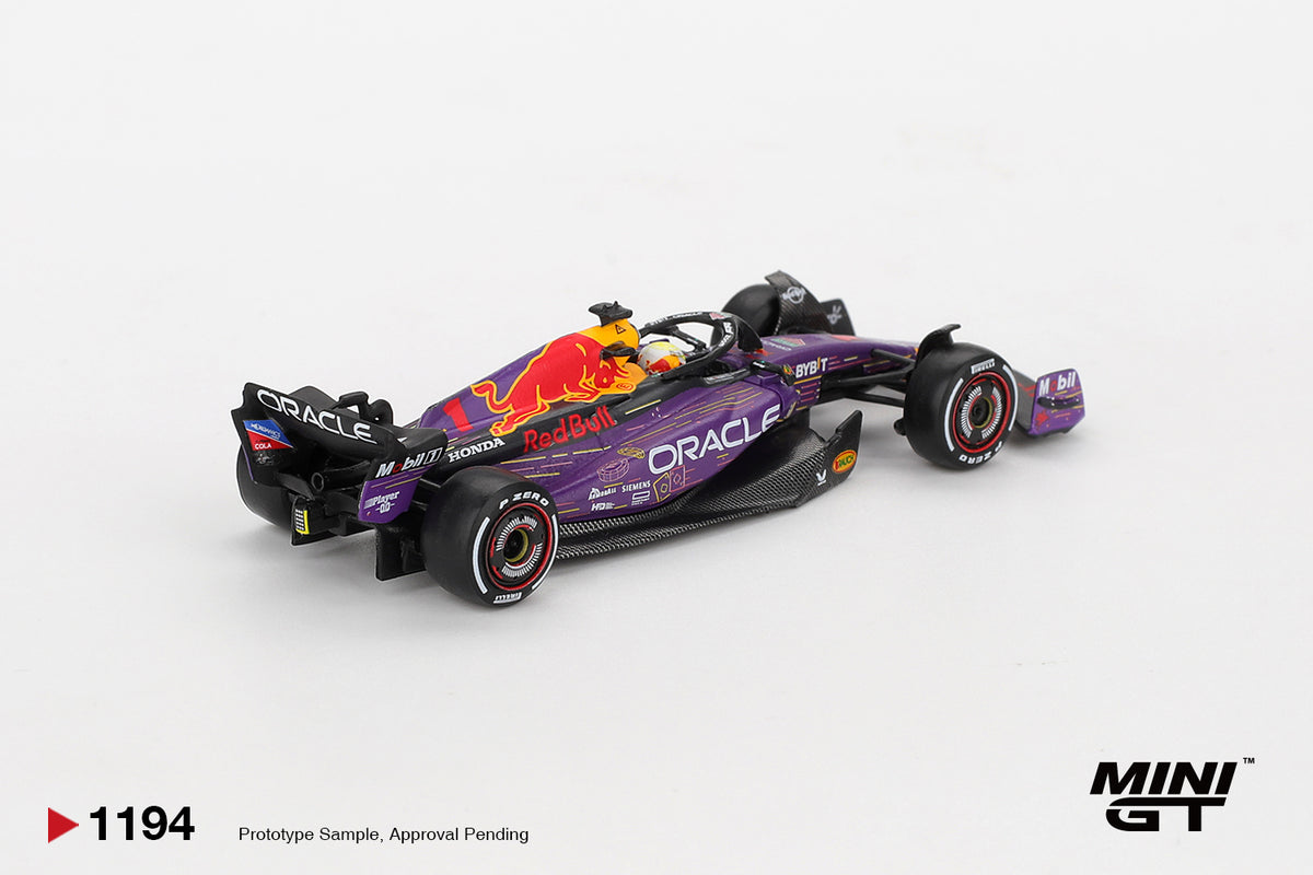 Mini GT Oracle Red Bull Racing RB19 #1 Max Verstappen 2023 Las Vegas GP Winner purple 1:64 scale diecast model car, front three-quarter view showing the Oracle nose branding and front wing