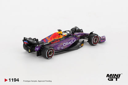 Mini GT Oracle Red Bull Racing RB19 #1 Max Verstappen 2023 Las Vegas GP Winner purple 1:64 scale diecast model car, front three-quarter view showing the Oracle nose branding and front wing