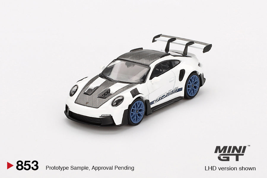 Front three-quarter view of Porsche 911 (992) GT3 RS Weissach Package White with Indigo Blue 1:64 diecast model car by Mini GT showing the carbon bonnet and blue wheels (MGT00853)