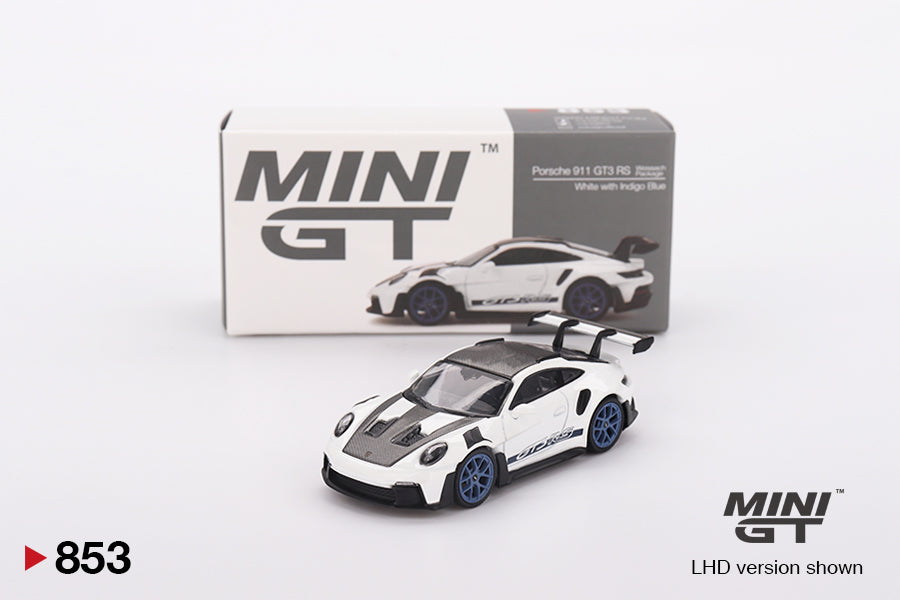 Porsche 911 (992) GT3 RS Weissach Package white 1:64 diecast model car by Mini GT with its collector box packaging (MGT00853)