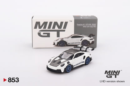 Porsche 911 (992) GT3 RS Weissach Package white 1:64 diecast model car by Mini GT with its collector box packaging (MGT00853)