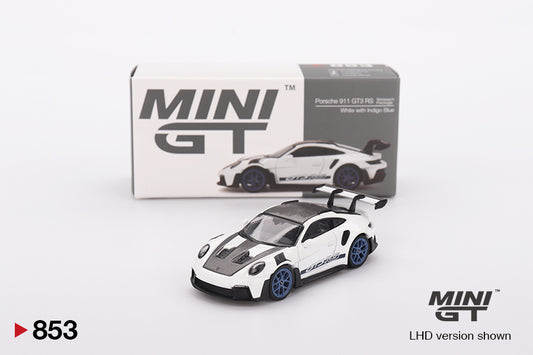 Porsche 911 (992) GT3 RS Weissach Package white 1:64 diecast model car by Mini GT with its collector box packaging (MGT00853)