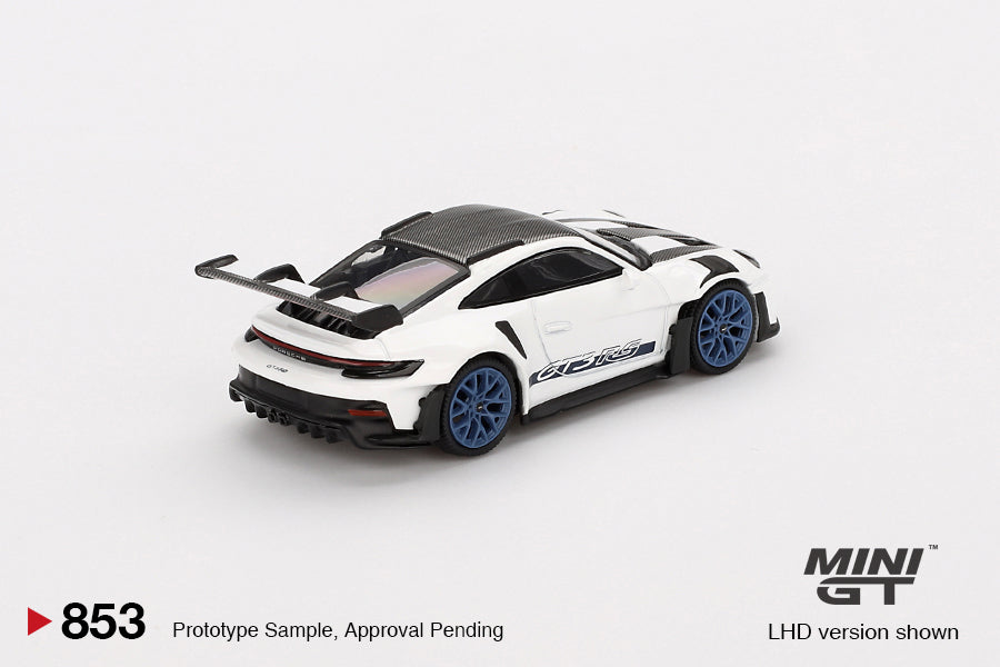 Rear three-quarter view of Porsche 911 (992) GT3 RS Weissach Package white 1:64 diecast by Mini GT showing the swan-neck rear wing and diffuser (MGT00853)