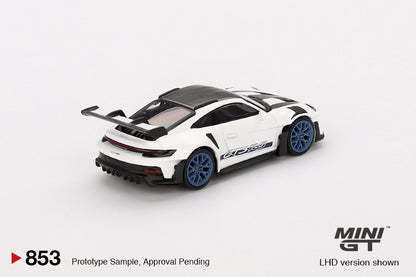 Rear three-quarter view of Porsche 911 (992) GT3 RS Weissach Package white 1:64 diecast by Mini GT showing the swan-neck rear wing and diffuser (MGT00853)