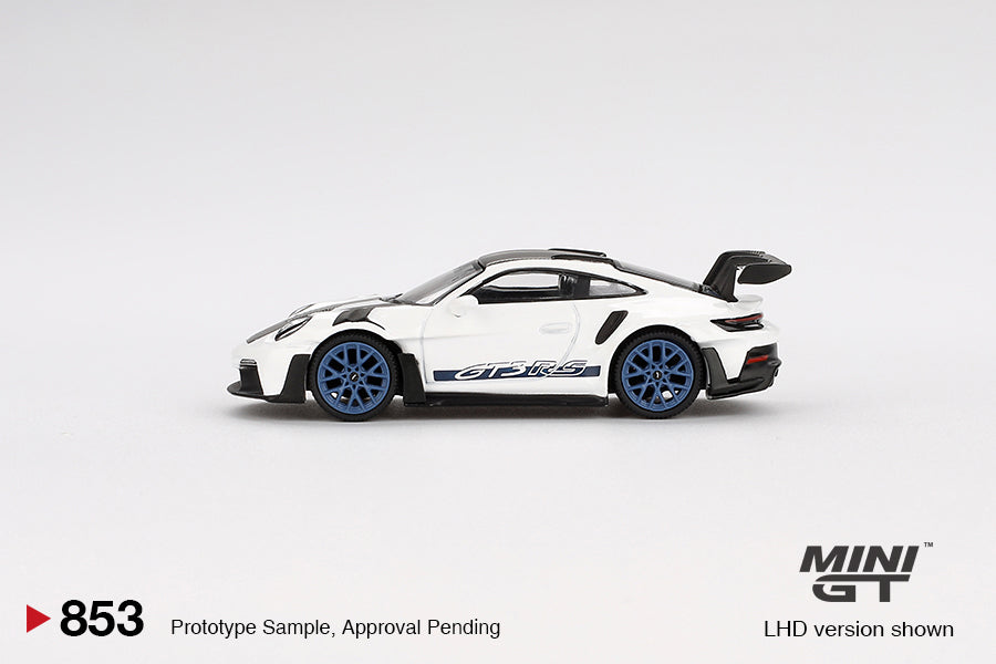 Side profile of Porsche 911 (992) GT3 RS Weissach Package white 1:64 scale model car with GT3 RS door lettering and indigo blue centre-lock wheels (MGT00853)