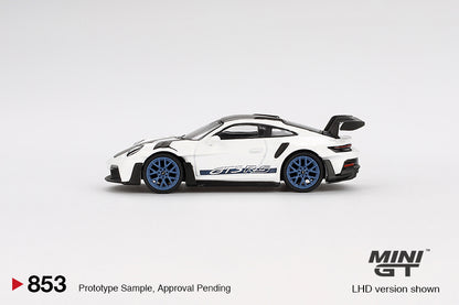 Side profile of Porsche 911 (992) GT3 RS Weissach Package white 1:64 scale model car with GT3 RS door lettering and indigo blue centre-lock wheels (MGT00853)