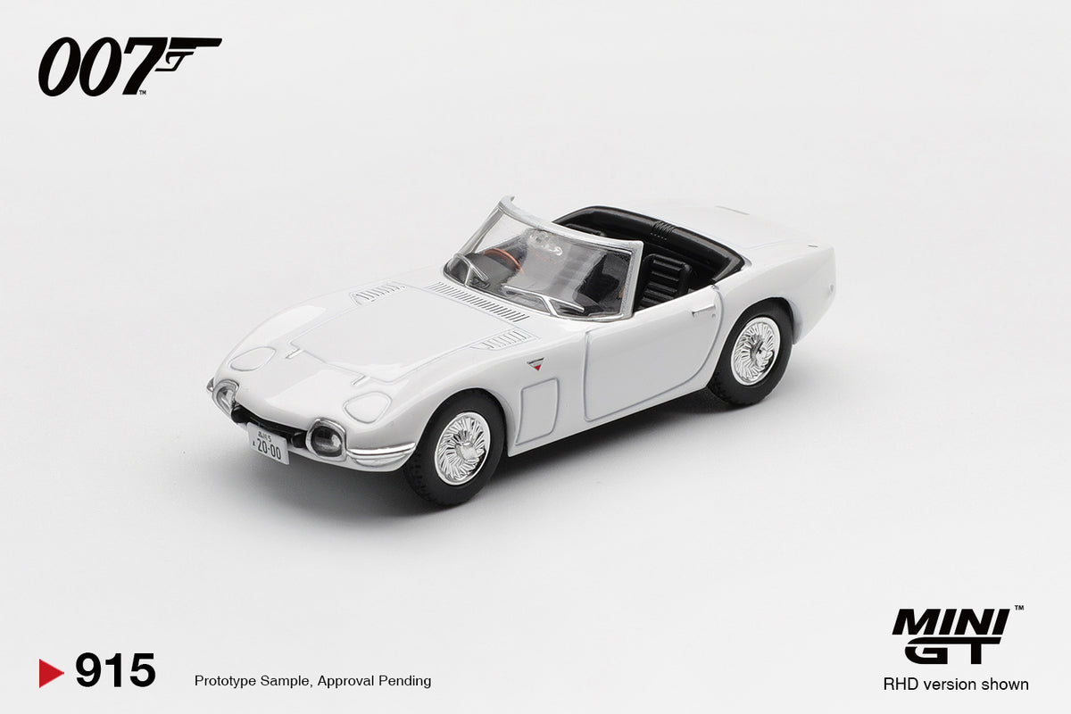 Mini GT Toyota 2000GT Roadster You Only Live Twice 007 white 1:64 scale diecast model car, front three-quarter view showing the long louvred bonnet and faired-in headlamps