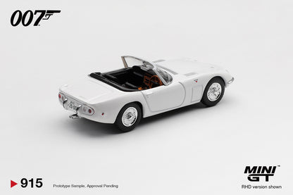 Mini GT Toyota 2000GT Roadster You Only Live Twice 007 white 1:64 scale diecast model car, rear three-quarter view showing the open cockpit and period Japanese licence plate