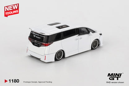 Rear three-quarter view of Toyota Vellfire 40 KUHL White 1:64 diecast showing the roof spoiler and full-width tail lights (MGT01180)