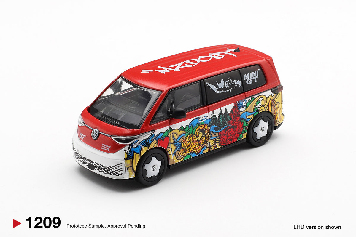 Front three-quarter view of Volkswagen ID. Buzz Mizu Design 1:64 diecast model car by Mini GT showing the red roof and multicolour artwork (MGT01209)