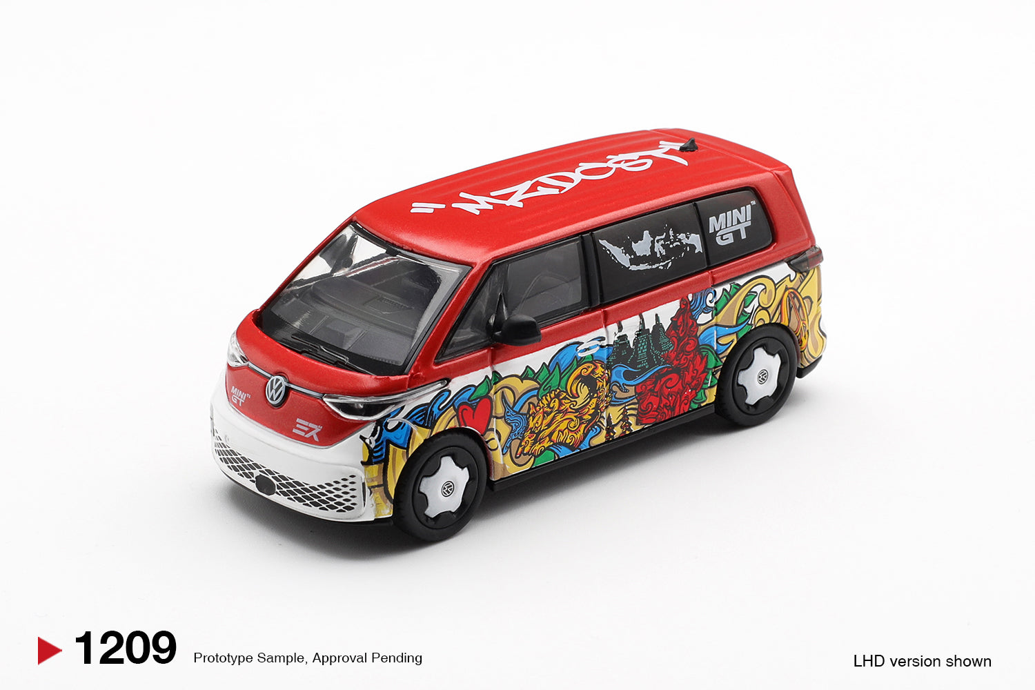 Front three-quarter view of Volkswagen ID. Buzz Mizu Design 1:64 diecast model car by Mini GT showing the red roof and multicolour artwork (MGT01209)