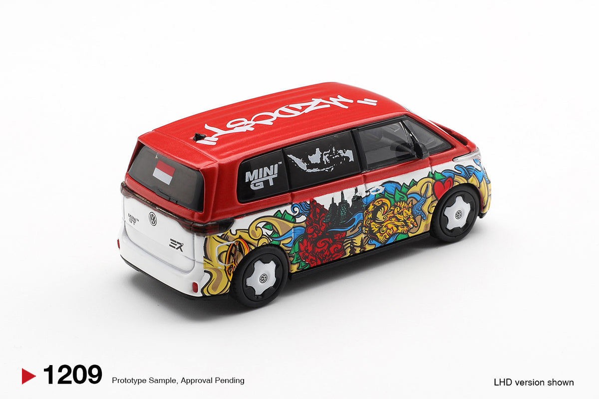 Rear three-quarter view of Volkswagen ID. Buzz Mizu Design 1:64 diecast by Mini GT showing the painted rear panel and white wheels (MGT01209)