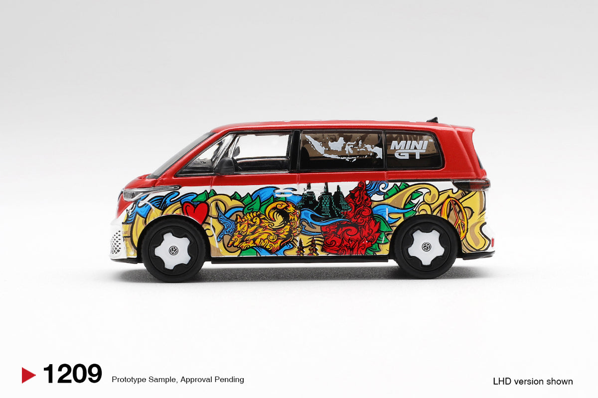 Side profile of Volkswagen ID. Buzz Mizu Design 1:64 scale model car showing the dragon and wave artwork along the body (MGT01209)