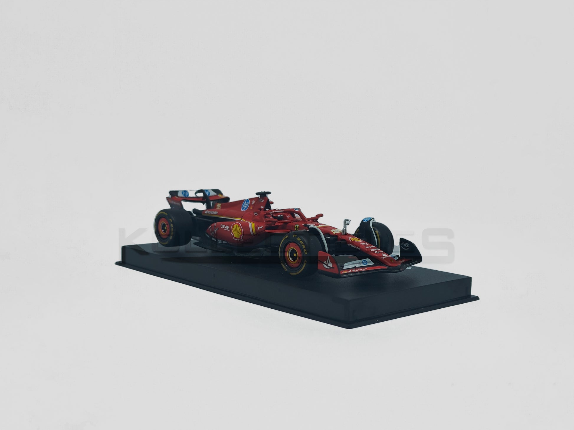 front perspective view of Ferrari SF-24 Formula 1 Charles Leclerc 2024 1:43 scale model car with Acrylic case by Bburago
