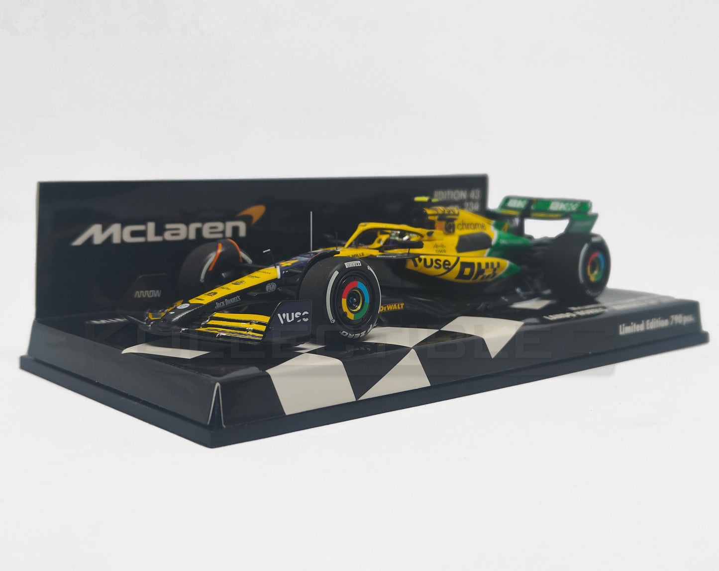 front Perspective view of Mclaren Formula 1 Team MCL38 -2024 1:43 Scale model car by Minichamps