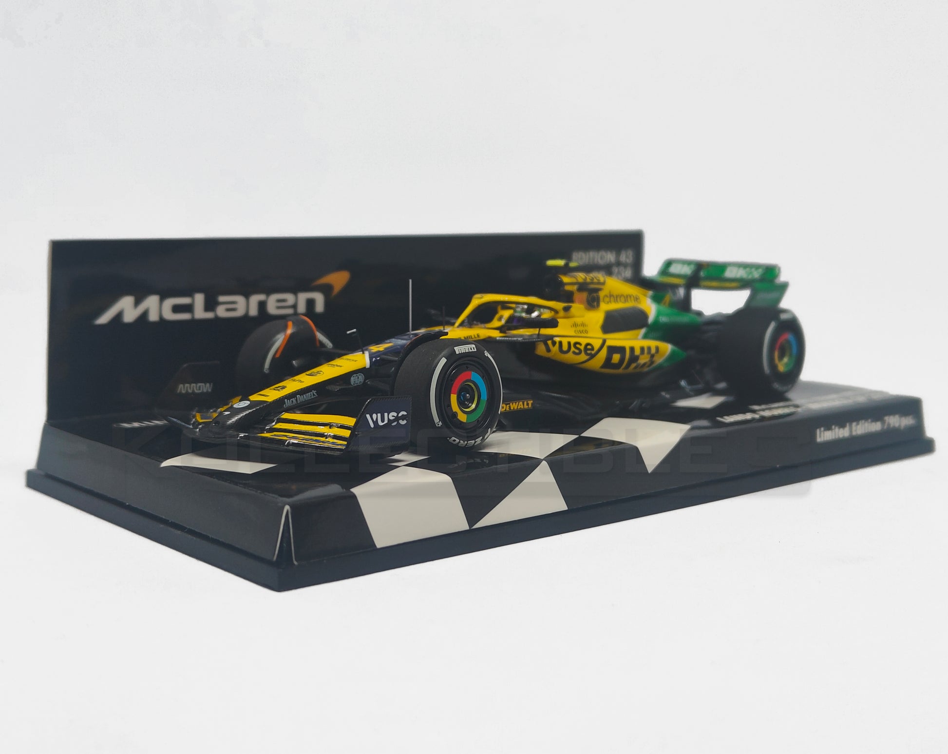 front Perspective view of Mclaren Formula 1 Team MCL38 -2024 1:43 Scale model car by Minichamps