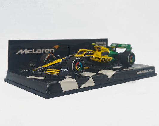 front Perspective view of Mclaren Formula 1 Team MCL38 -2024 1:43 Scale model car by Minichamps