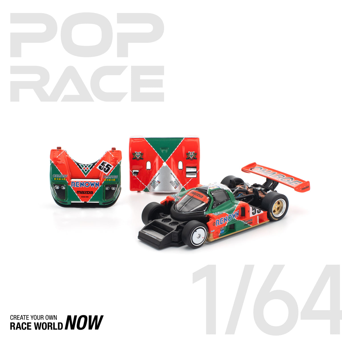 Pop Race Mazda 787B 1:64 scale diecast model car detachable front and rear body sections beside the chassis
