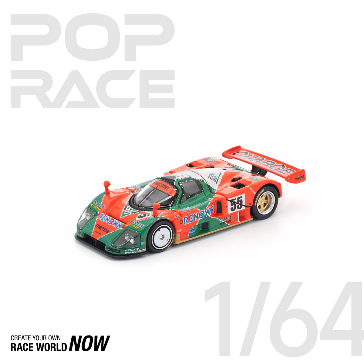 Pop Race Mazda 787B #55 1991 Le Mans winner 1:64 scale diecast model car front three-quarter view, in orange and green Renown livery