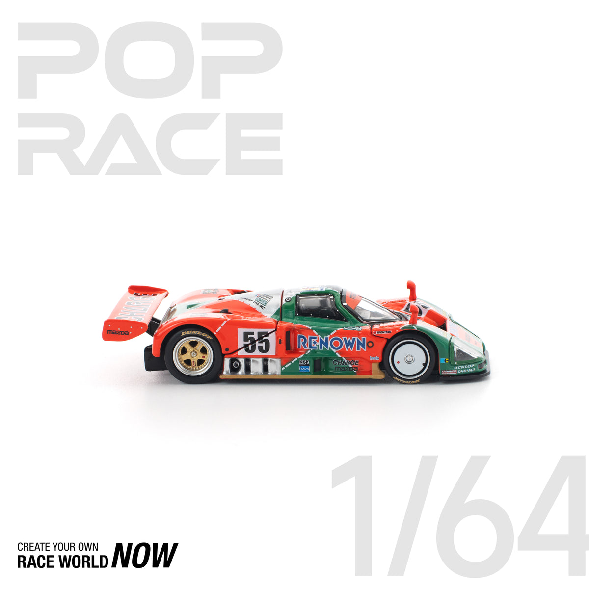 Pop Race Mazda 787B #55 1991 Le Mans winner 1:64 scale diecast model car side profile, showing #55 and Renown logos