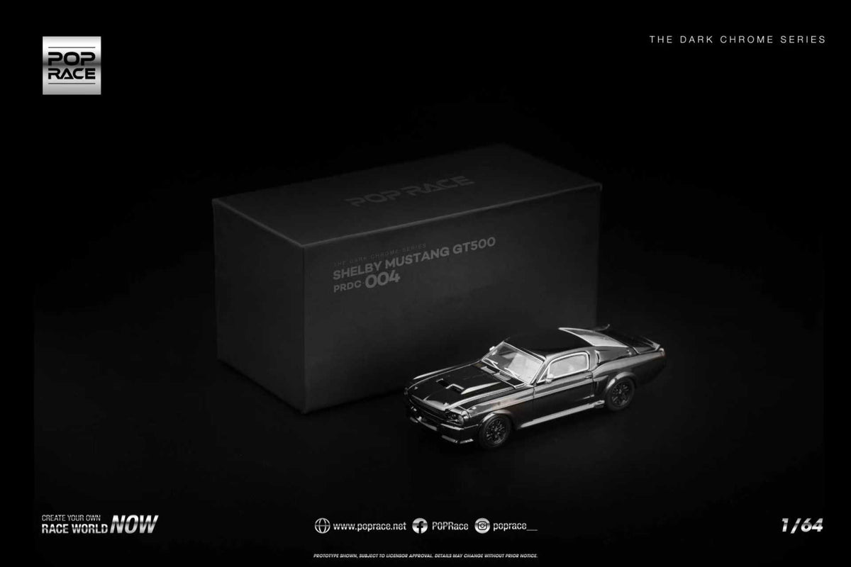 Pop Race Dark Chrome Series Shelby Mustang GT500 dark chrome 1:64 scale diecast model car with its black collector box