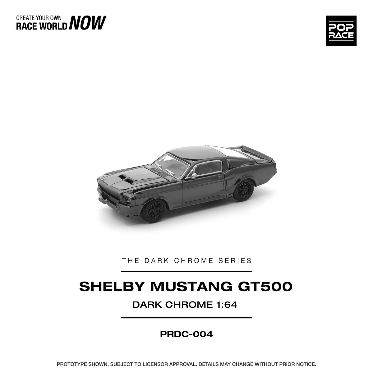 Pop Race Dark Chrome Series Shelby Mustang GT500 dark chrome 1:64 scale diecast model car front three-quarter view, with scooped hood