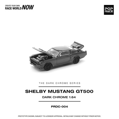 Pop Race Dark Chrome Series Shelby Mustang GT500 dark chrome 1:64 scale diecast model car with hood and trunk open