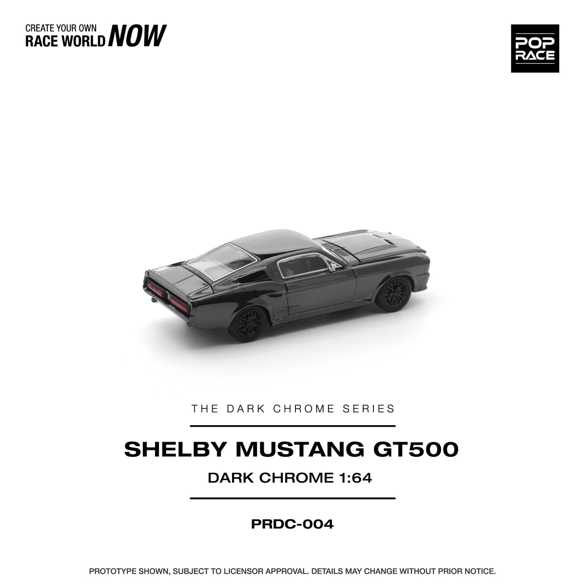 Pop Race Dark Chrome Series Shelby Mustang GT500 dark chrome 1:64 scale diecast model car rear three-quarter view, with ducktail spoiler and red tail lights