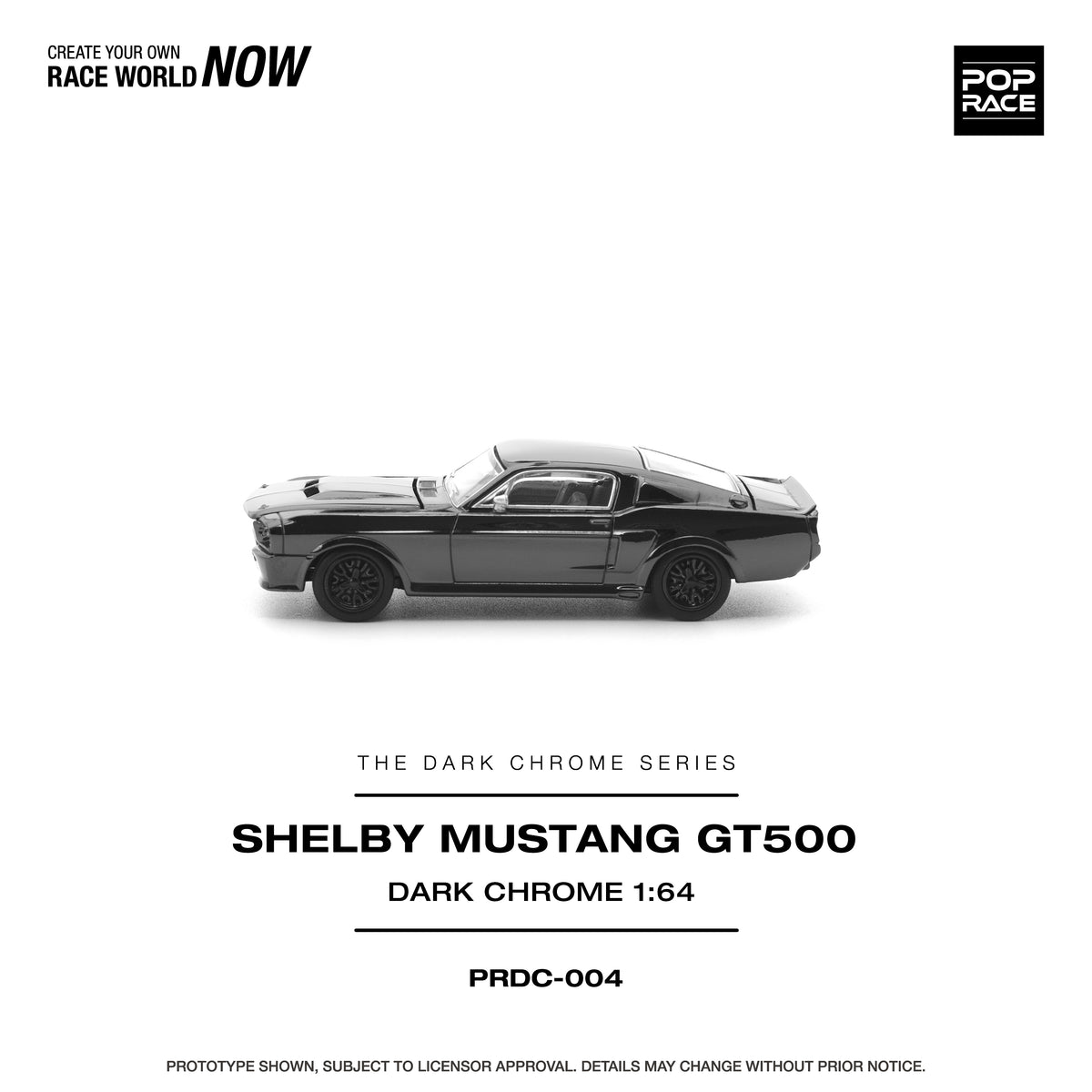 Pop Race Dark Chrome Series Shelby Mustang GT500 dark chrome 1:64 scale diecast model car side profile, fastback roofline