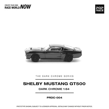 Pop Race Dark Chrome Series Shelby Mustang GT500 dark chrome 1:64 scale diecast model car side profile, fastback roofline