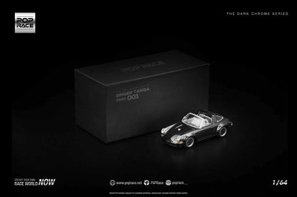 Pop Race Dark Chrome Series Singer Targa dark chrome 1:64 scale diecast model car with its black collector box