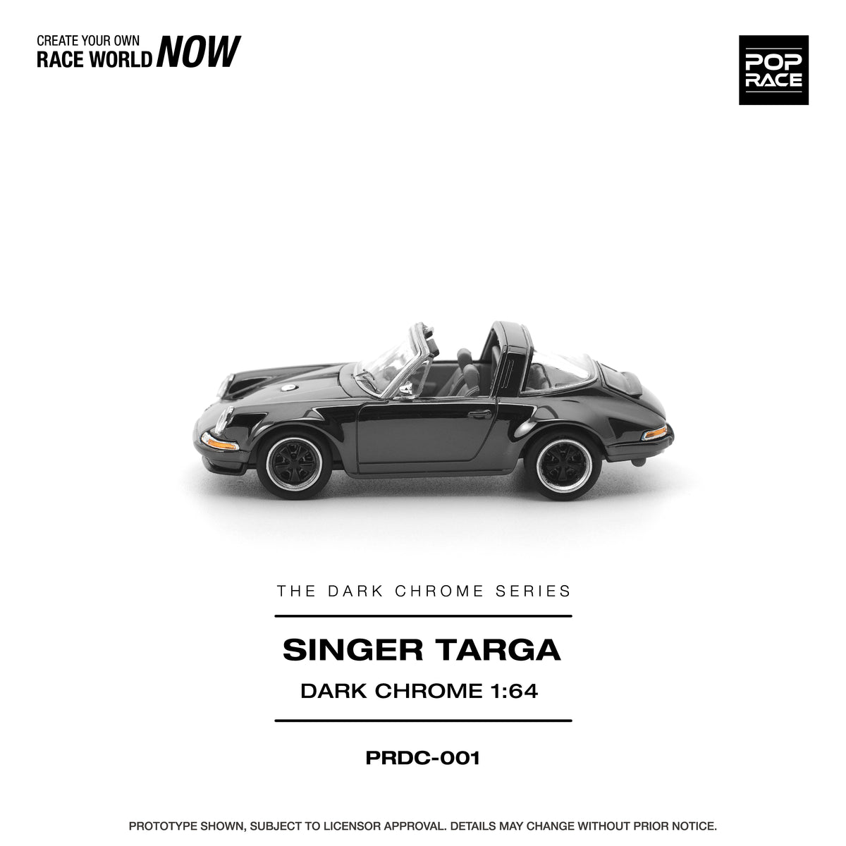 Pop Race Dark Chrome Series Singer Targa dark chrome 1:64 scale diecast model car low front side view