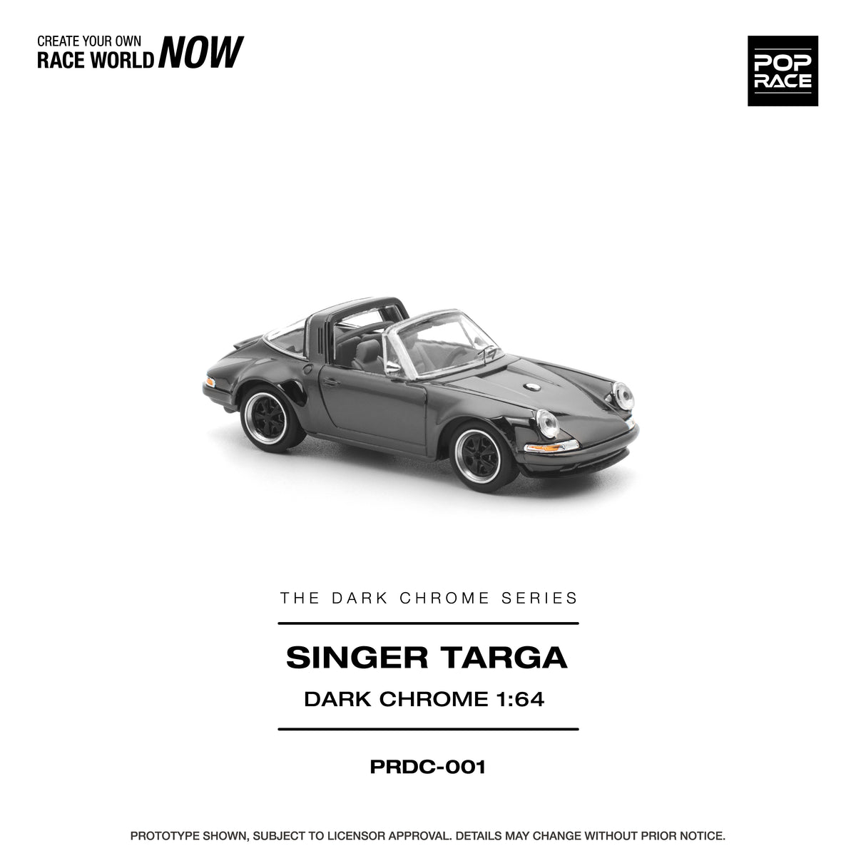 Pop Race Dark Chrome Series Singer Targa dark chrome 1:64 scale diecast model car front three-quarter view, with round headlamps and targa hoop