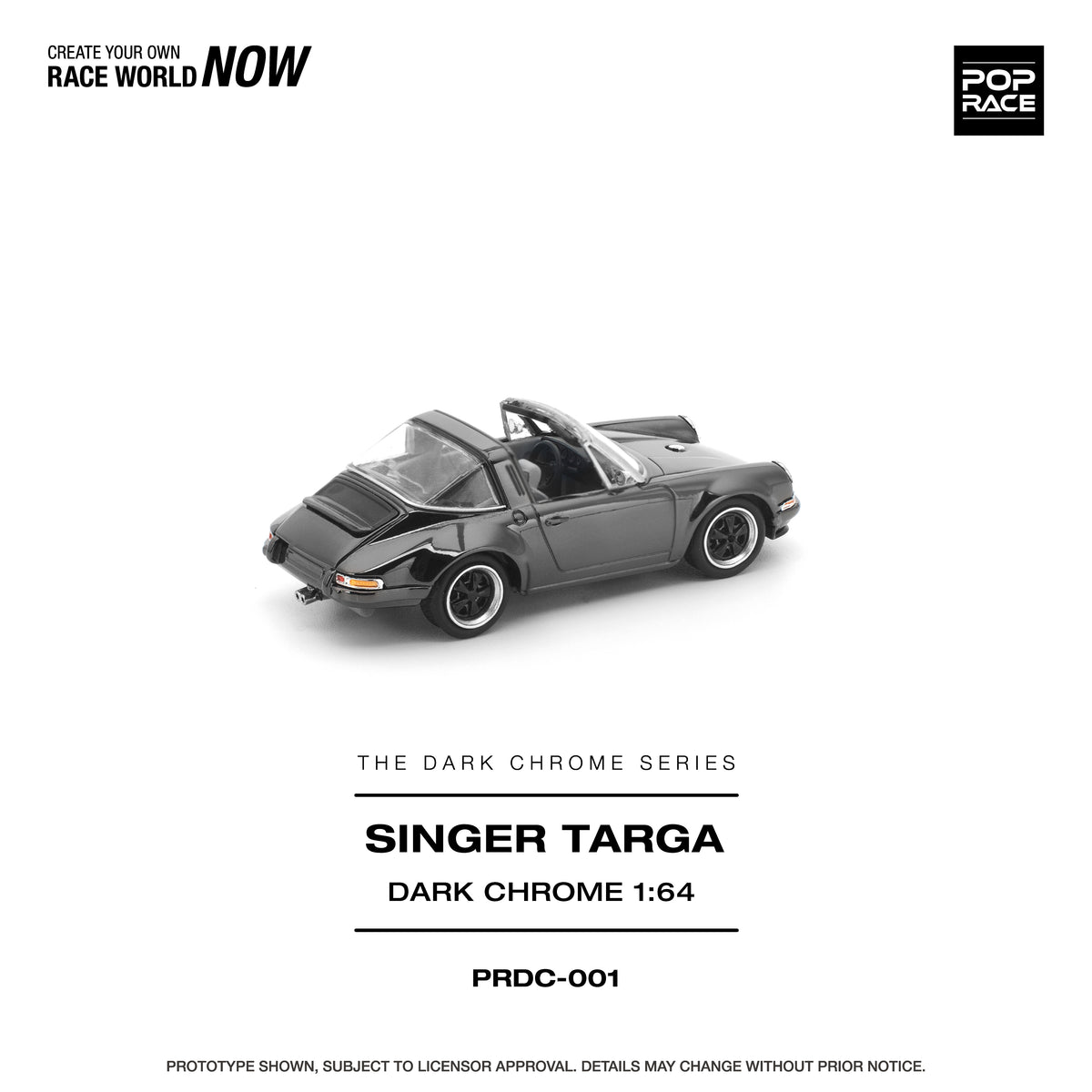 Pop Race Dark Chrome Series Singer Targa dark chrome 1:64 scale diecast model car rear three-quarter view, with ducktail engine lid