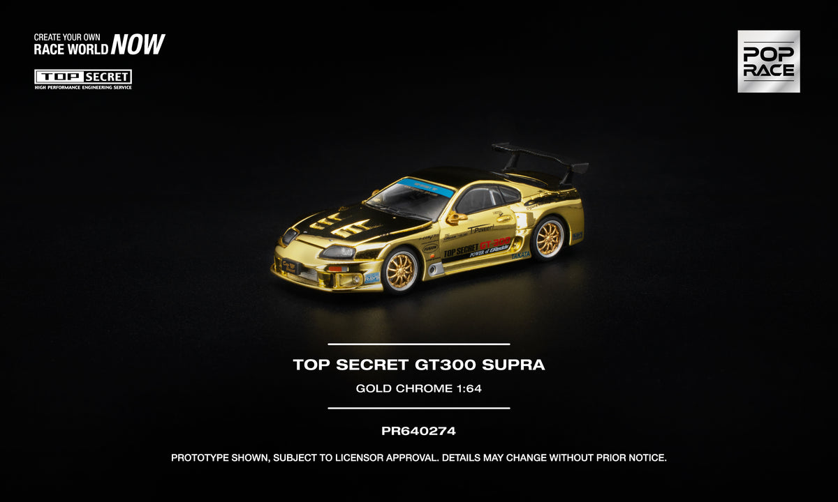 Pop Race Top Secret GT300 Supra gold chrome 1:64 scale diecast model car front three-quarter view, with rear wing and blue windscreen banner