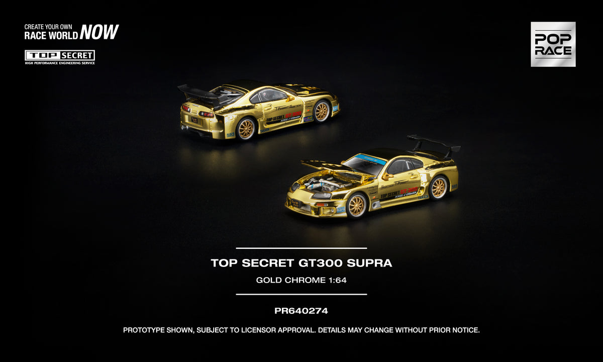 Pop Race Top Secret GT300 Supra gold chrome 1:64 scale diecast model car rear three-quarter and hood-open front views