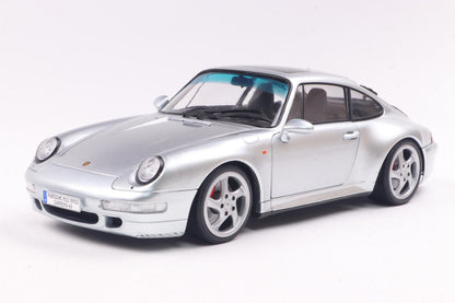 Front perspective view of Porsche 911 (993) 4S Polar Silver 1996 1:18 scale model car - Solido